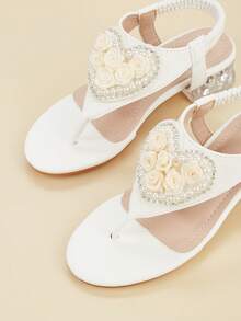 2026 New 1 Pair Girls' Lace Pearl Rhinestone Heart Flower High Heel Comfortable Open Toe Strap Design Fashion Sandals, Suitable For Spring, Summer, Autumn - White - View 3