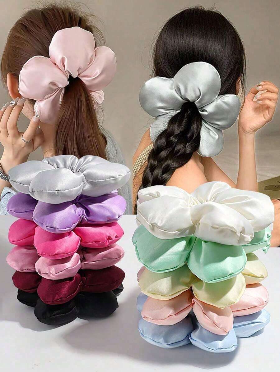 1pc Women Satin Flower Decor Hair Scrunchie, Elegant And Fashionable Accessory Suitable For Daily Use, Gift For Her Scrunchies Hair Ties Scrunchy Hair Ties Head Accessories Ponytail Holder - Hồng - Xem 1