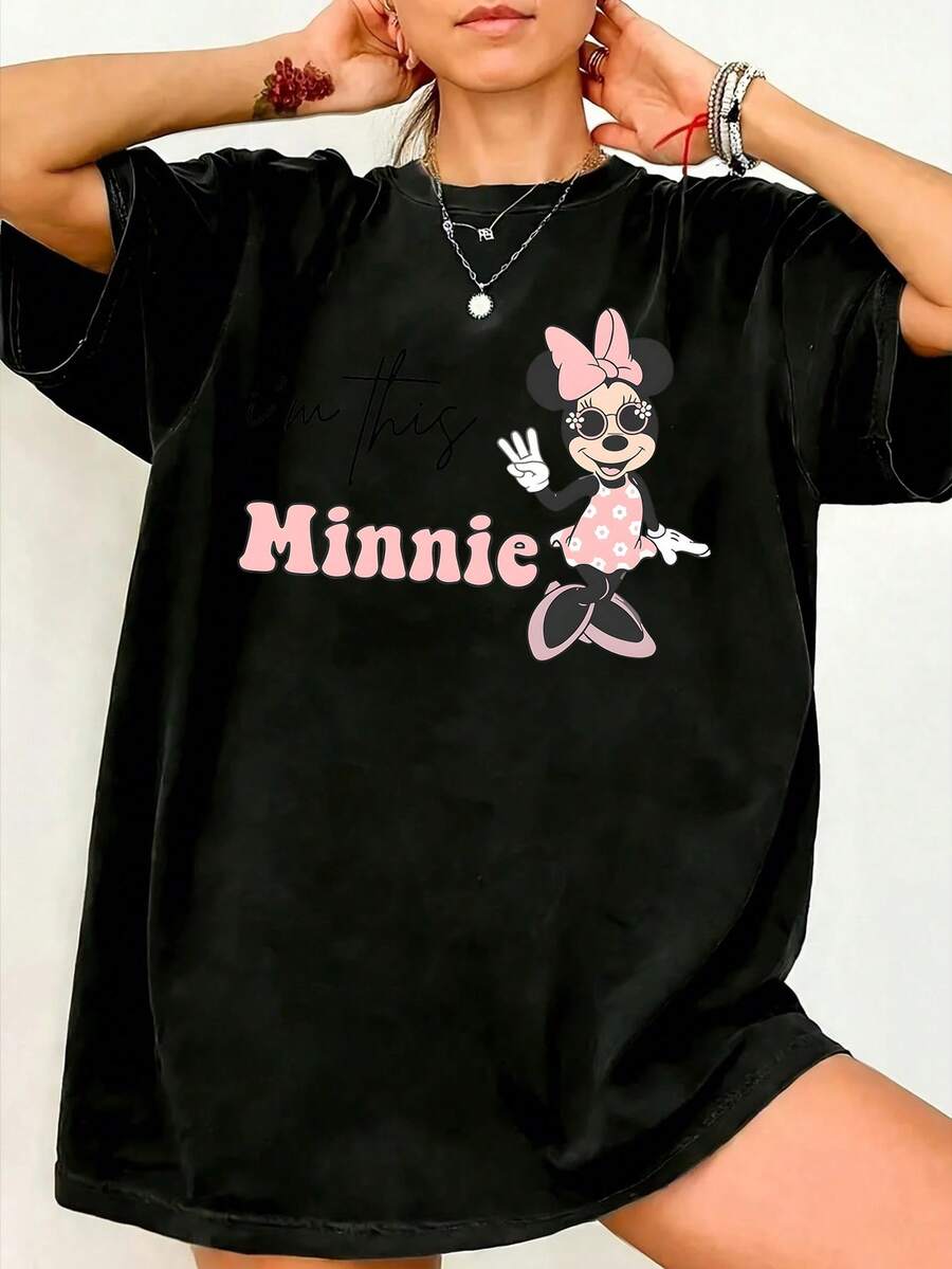 Disney Casual Women's Black Cotton Regular Fit Round Neck Short Sleeve T-Shirt With Minnie Mouse Print - 黑色 - 查看 1