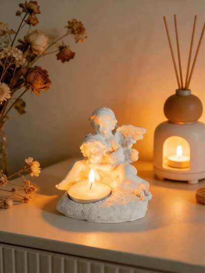 1pc European Retro Angel Candlestick Decor, American Sculpture Ornament, Couple Angel Desktop Decoration, Creative Home Decor, Romantic Candlelight Dinner Atmosphere, Suitable For Valentine's Day/Wedding/Gift/Living Room/Dining Room/Bar