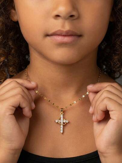 1pc Delicate Shiny Rotatable Crown Cross Pendant Copper & Zirconia Necklace For Teenagers Fashion Street Party Summer Beach Jewelry For Religious Christian Gift Gold Jewelry Back To School