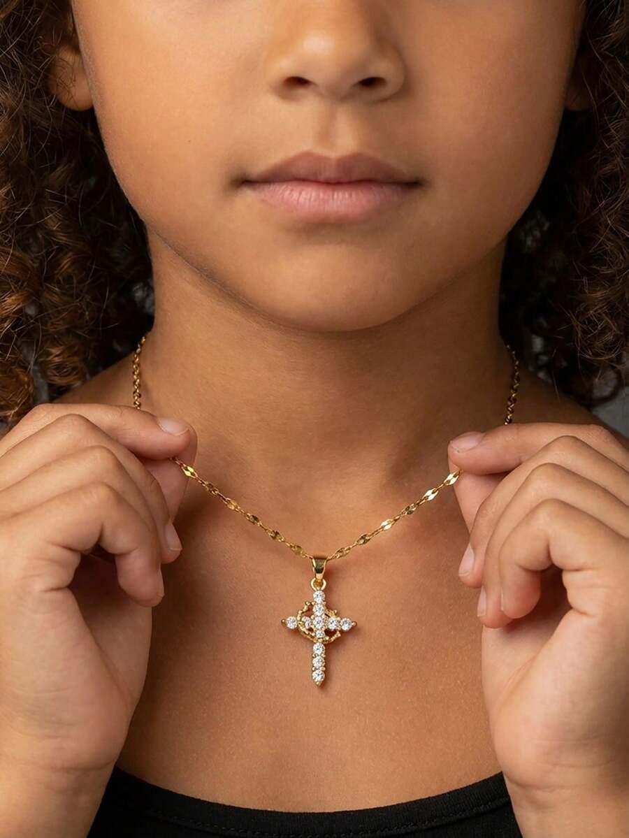 1 pezzo Elegante collana con pendente a corona rotante, lega di rame con pietre di zirconia, adatta per adolescenti, moda di strada, feste, spiaggia, regalo religioso cristiano, accessori dorati per il ritorno a scuola - Multicolore - Visualizzare 1