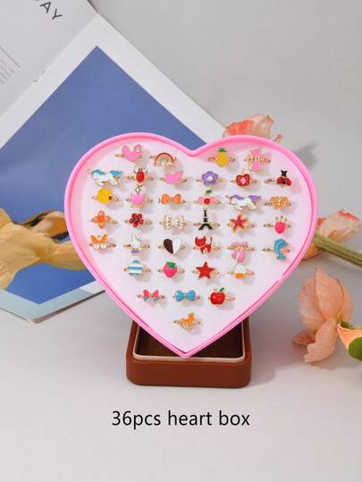 36pcs/Set Colorful Mixed Petite Zinc Alloy Ring Set, Unicorn, Floral & Other Designs, Oil Drop Plating, Long-Lasting Color, Classical Beauty Jewelry, Embedded Rhinestone, Bright & Shiny, Suitable For Daily Wear & Festive Occasions