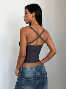 Áo tank top dáng ôm, cổ điển phong cách Y2K, chất liệu gân sọc, kiểu dáng thường ngày, hở lưng, ôm sát, thích hợp cho nữ. - Xám - Xem 9