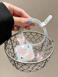 5pcs/Set Resin Pink 3D Butterfly TPU Charging Cable & Adapter Protector Case, Compatible With IPhone 17 Pro Max Series 40W Charger - Multicolor - View 4