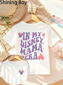 Disney Mickey And Minnie Mouse Castle Themed Cartoon Print, Casual And Simple Short Sleeved T-Shirt, Suitable For Spring And Summer Seasons, Suitable For Both Boys And Girls. Festival Gift - 白色 - 查看 1