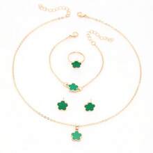 1件套韩式优雅五瓣花首饰套装，珐琅幸运花项链/耳环/手链/手镯/开口戒指，甜美女孩礼物 - 彩色 - 查看 14