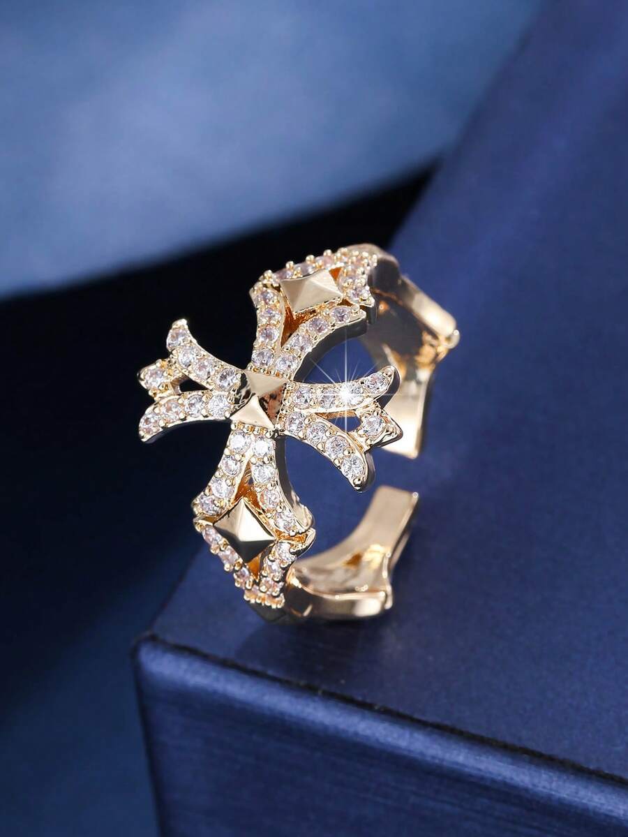 1 buah Cincin Terbuka Salib Zirkonia Sintetis Bertatahkan Mikro Mewah, Desain Unik Gaya Minimalis Elegan, Cocok untuk Pemakaian Sehari-hari, Hadiah, dan Acara Jalan-jalan - Cincin Terbuka - View 1