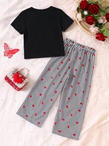 Set de 2 piezas con camiseta de manga corta y cuello redondo con bordado de corazón para niñas jóvenes y pantalones de pierna ancha con estampado de corazones a rayas y cintura elástica, adecuado para el Día de San Valentín, días festivos y uso casual - Negro - Ver 3