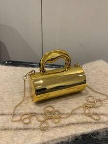 Avant-Garde Shiny Gold Handbag, Party Evening Bag, Glossy Silver Purse, Mini Chain Shoulder Bag, Lipstick & Earphone Pouch, Coin Purse - Gold - View 8