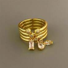 VKHK Bộ 4 món mặt dây chuyền và nhẫn mạ vàng sang trọng đính đá Cubic Zirconia, thích hợp cho nữ giới đeo hàng ngày và trong các dịp cưới hỏi, làm quà tặng. - Bộ nhẫn 4 chiếc - Xem 15