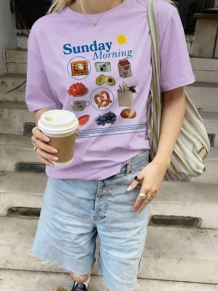 女士夏季圆领短袖T恤，印有“周日早晨”标语图案，百搭休闲上衣，适合日常穿着