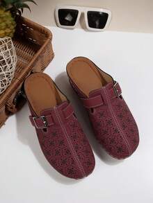 女士春季新款圆头厚底舒适套脚休闲时尚穆勒鞋 - 暗紅色 - 查看 4