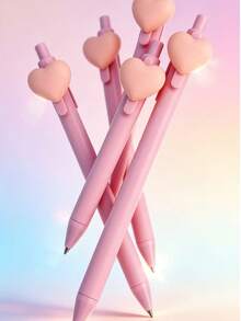 3pcs Silicone Heart Shaped Push Button Ballpoint Pens, Cartoon Design Stationery Pens - 3 Heart-shaped Pens - View 1