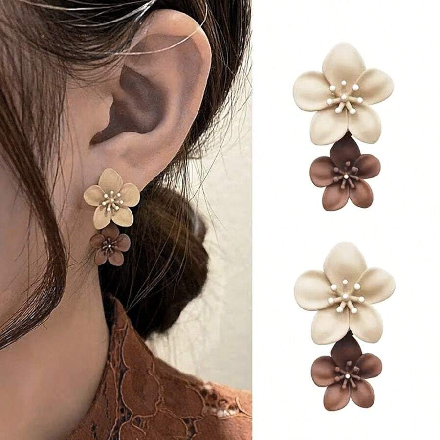1 Pair Flower Earrings Women Cute Stud Earrings Cool Party Jewelry Valentine's Day Gift For Women Mom Family Friends - 卡其色 - 查看 1