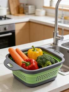 1pc Retractable Folding Drain Basket, Hollow Square Plastic Fruit & Vegetable Washing Tray For Kitchen - 29*21cm - View 1