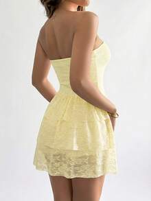 Vaiaye Romantic Elegant Lace Strapless Bodycon Dress, Sleeveless Backless Sexy Double Ruffle Hem Dress, Suitable For Wedding, Party, Concert, Carnival Summer - Light Yellow - View 2