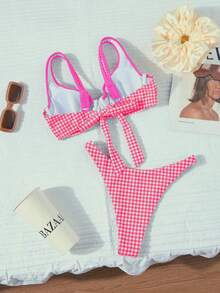 Bộ đồ bơi bikini 2 mảnh thiết kế mới dành cho nữ, đồ bơi hở lưng họa tiết hoa nhỏ xinh xắn trang trí kim loại - Hồng - Xem 2