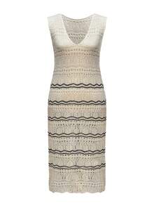 时尚女士罩衫连衣裙，优雅V领无袖镂空设计薄款提花针织长裙 - 杏色 - 查看 5