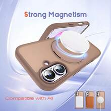 1pc Brown Soft-Touch Matte Magnetic Pivot Bracket With Alloy Lens Film, PC+Silicone TPU 2-In-1 With Hidden Rotatable Magnetic Metal Foldable Ring Holder, Ultra-Thin Shock-Proof Semi-Transparent Anti-Fingerprint Airbag Phone Case Compatible With Apple 17e/17pro/17promax/Air/17/16pro/16promax/16plus/16/16E/SE4/15pro/15promax/15plus/15/14pro/14promax/14plus/14/13pro/13promax/13/12pro/12promax/12/11promax/11 - Mocha Brown - View 5