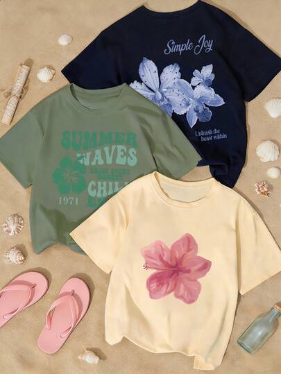 3pcs/Set Summer New Minimalist Floral Print Casual Round Neck Short Sleeve T-Shirt, Fashionable & Versatile Women Tops