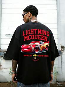 Disney-American Retro Lightning McQueen Racing Printed Short Sleeved T-Shirt For Men In Summer, Heavy Cotton Loose Oversized, High Street Fashion Brand Half Sleeved - Black - View 1