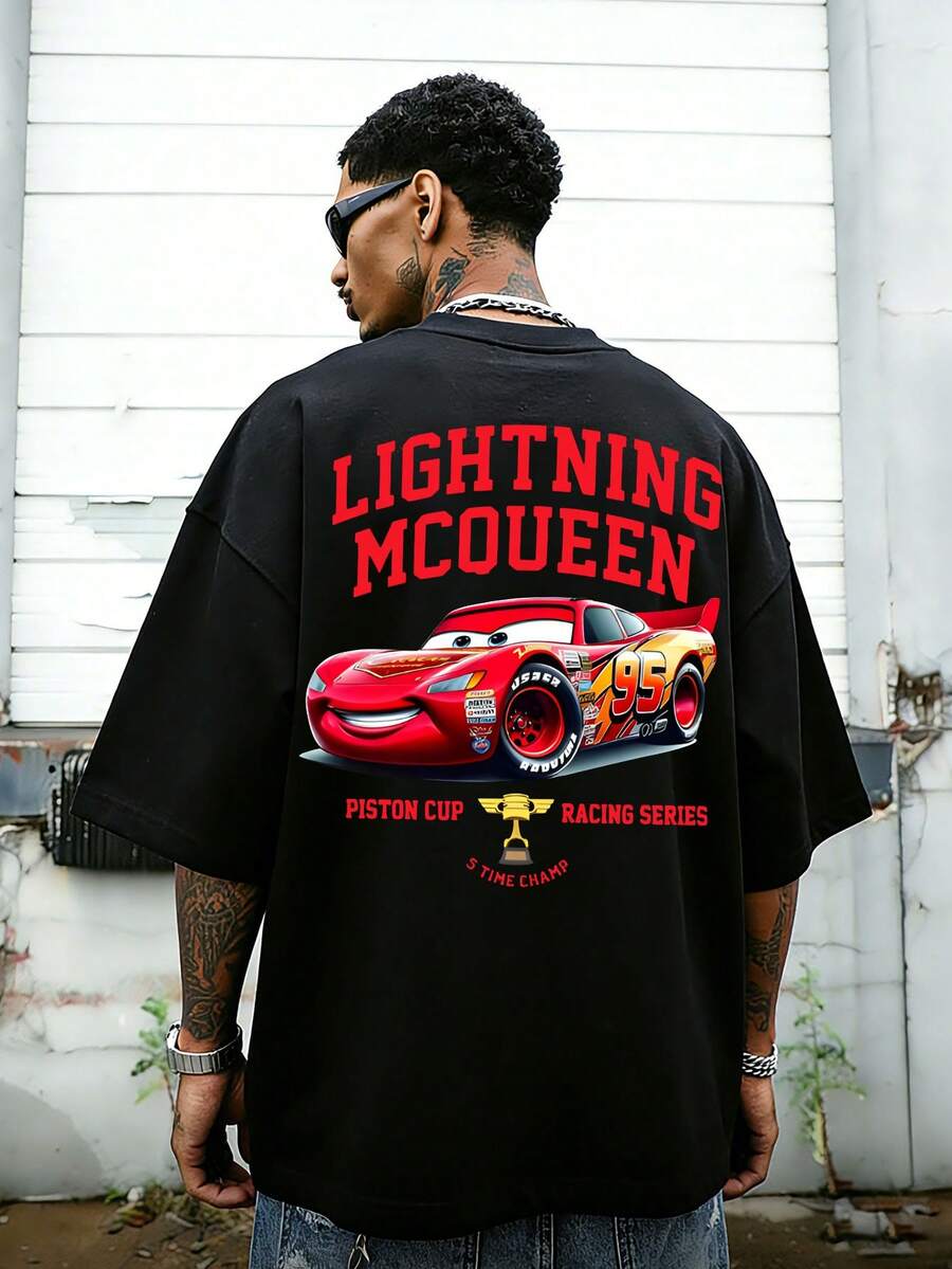 Disney-American Retro Lightning McQueen Racing Printed Short Sleeved T-Shirt For Men In Summer, Heavy Cotton Loose Oversized, High Street Fashion Brand Half Sleeved - Black - View 1