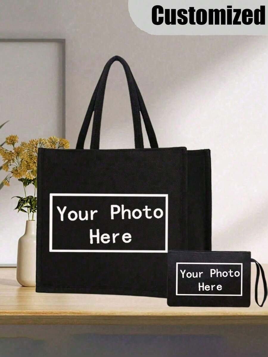 Set 2pcs/Set Tas Tote Kanvas dan Tas Kosmetik Bertema Perawat yang Dapat Disesuaikan - Kain Ringan dengan Tali Bahu Tetap, Cocok untuk Belanja, Bepergian, dan Pantai - Hitam - View 1