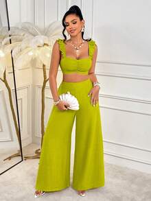 AIJ Amarilo Women's Casual Vacation Beach 2 Pieces Set - Ruffle Strap Tank Top Paired With Slim Fit Wide Leg Pants, Spring/Summer - Green - View 5