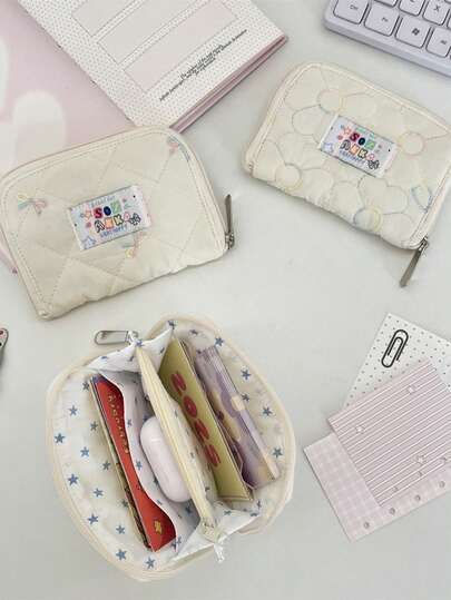 极简主义零钱包便携零钱包大容量卡片收纳袋多层零钱包可爱蝴蝶结花朵图案首饰收纳袋旅行手链收纳袋泡沫绗缝多功能钱包卡包女士刺绣图案钱包小钱包耳机包