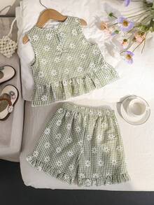 2pcs Girls Daisy Print Green Plaid Top And Pants Set, Summer - Green - View 2