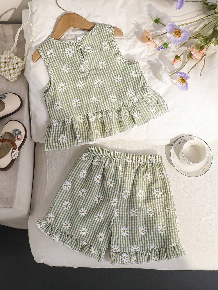 2pcs Girls Daisy Print Green Plaid Top And Pants Set, Summer - Green - View 2
