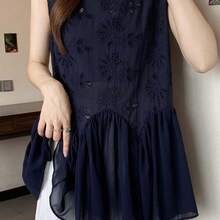 Women Blouses & Shirts - Navy Blue With Lace Hem and Ruffled Trim - View 6