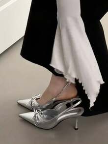 hanxiangyuzu 女士尖头蝴蝶结凉鞋，优雅的2026春夏新款时尚细高跟鞋，适合派对和婚礼穿着。 - 銀色 - 查看 12