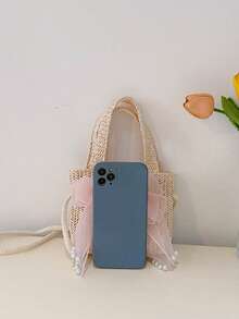 Pink Bow Straw Handbag, Girly Woven Underarm Bag, Summer Mini Purse - Multicolor - View 10