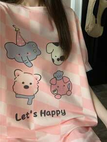 Áo ngủ cổ tròn họa tiết kẻ caro in hình động vật hoạt hình màu hồng, kiểu Hàn Quốc. - Hồng - Xem 6