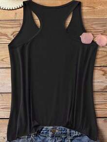 Women's Casual Sleeveless Round Neck T-Shirt With Funny Graphic Print Cotton Blend Tank Top - màu đen - Xem 2