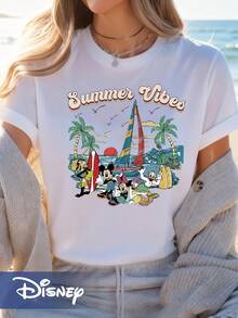 Disney Mickey, Minnie, And Their Friends On A Seaside Vacation - Disney-Style Loose-Fitting Round-Neck Short-Sleeve T-Shirt - trắng - Xem 1