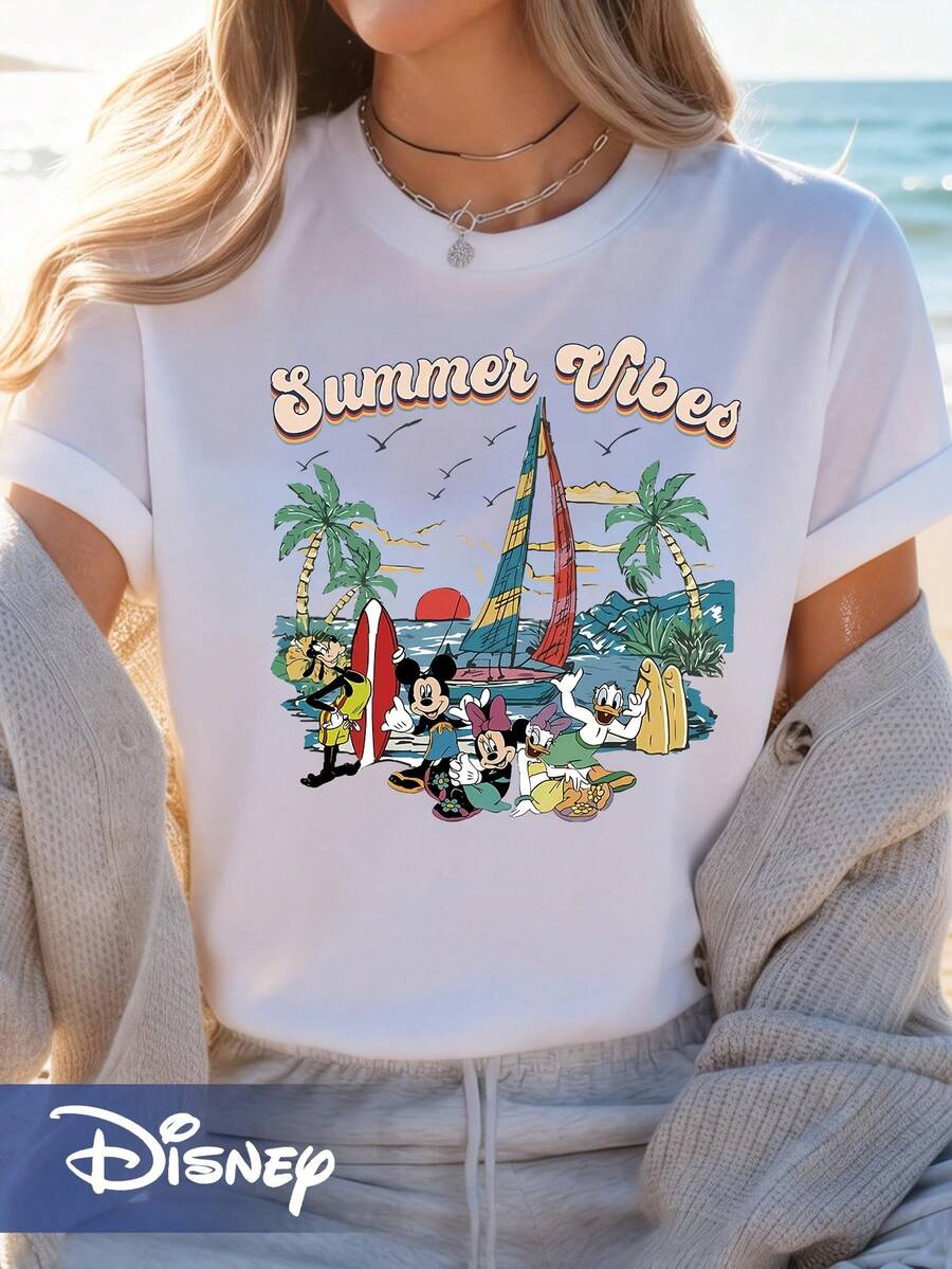 Disney Mickey, Minnie, And Their Friends On A Seaside Vacation - Disney-Style Loose-Fitting Round-Neck Short-Sleeve T-Shirt - White - View 1