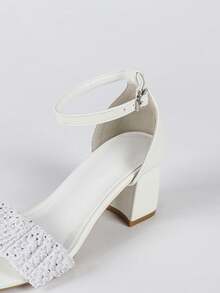 女士褶皱水钻高跟露趾凉鞋，优雅新娘款，白色中跟皮鞋 - 白色 - 查看 8