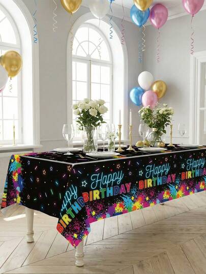 1 Pc Happy Birthday Polyester Tablecloth, Multiple Design Options (Neon & Paint Splatter/Colorful Paint Splatter) With "Happy Birthday" Text & Confetti Accent, Foldable Fade-Resistant Table Decor For Birthday Party, Celebration, Adult Party, Dining Table, Indoor & Outdoor Celebration