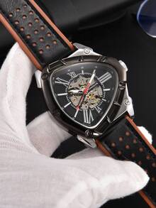 LONGLUX 1pc Men's Automatic Mechanical Watch, Black & Silver Contrast, Triangular Hollow Double-Layer Leather Strap, Personalized Wristwatch For Daily Wear - Multicolor - View 5