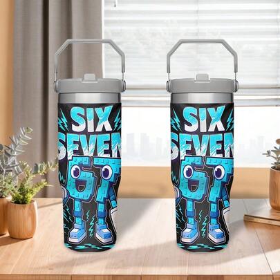 1个水瓶，30盎司不锈钢运动水瓶，瓶身上印有67号机器人图案，防漏，带弹出式瓶盖，轻便、坚固耐用、大容量、可重复使用。