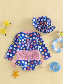 Infant Baby Girl Swimsuit One-Piece Long Sleeve Rash Guard With Hat Set Floral Zipper Bathing Suit Leopard Beach Wear - Blue - View 7