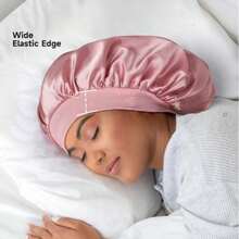 2件套缎面睡帽 - 涤纶混纺，中性色，弹力大码，适合大多数男女，护发防晒，夜间睡眠及发型造型配件 - 黑色+粉紅色 - 查看 5