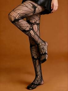 1双黑色渔网袜，蝙蝠提花图案，性感哥特风网袜，日常穿着 - 彩色 - 查看 3