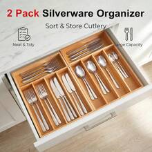 Bamboo Kitchen Drawer Organizer (2 Pack), Adjustable Silverware Tray For Drawer Organization, Multi-Compartment Utensil Caddy For Storing Knives, Forks And Spoons - 原木色 - 查看 1