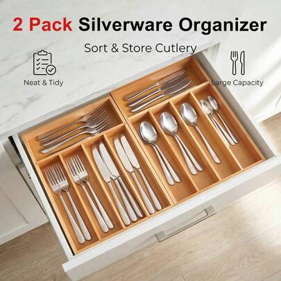Bamboo Kitchen Drawer Organizer (2 Pack), Adjustable Silverware Tray For Drawer Organization, Multi-Compartment Utensil Caddy For Storing Knives, Forks And Spoons