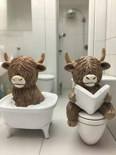 Highland Cow Bathroom Decor, Highland Cow Gift For Her, Cow Sculpture With Bathtub/Toilet/Tissue Box, Rustic Resin Countryside Christmas Decoration, Suitable For Farmhouse, Kitchen, Home Desk, Christmas Decor