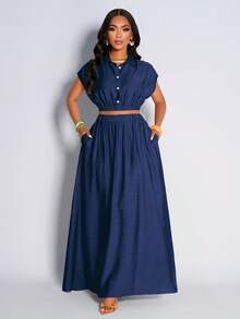 AIJ Amarilo Turmeric Sleeveless Crop Top Paired With Elegant Skirt, Casual Chic Style Suitable For Small Gatherings, Commuting, Daily Life; Elegant Lady Style, Latest Spring/Summer Women's Simple Outfit - Royal Blue - View 4